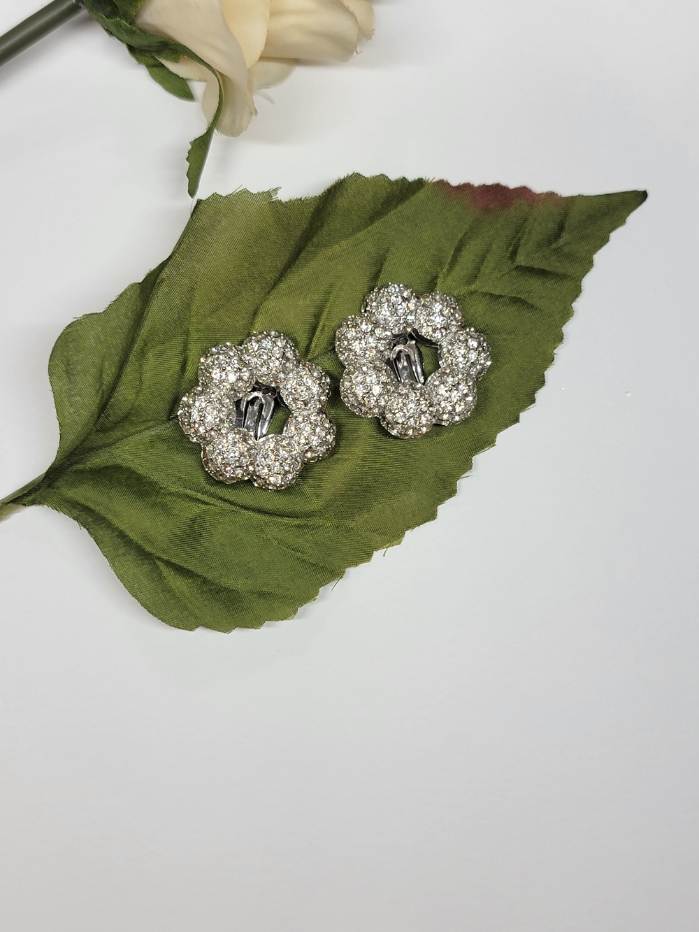 Kenneth Jay Lane Silver Crystal Flower Clip-On Earrings